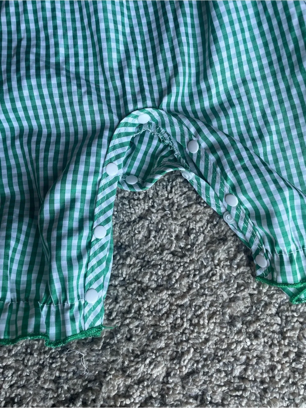 Green Gingham Smocked Baby Romper with Shamrock Embroidery